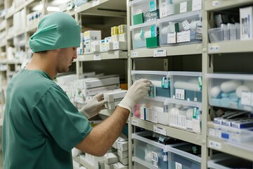 In the hospital, a male surgical nurse is using his hands to pull out medical supplies from storage cabinets in front of him. The cabinet features rows and columns filled with various equipment boxes.