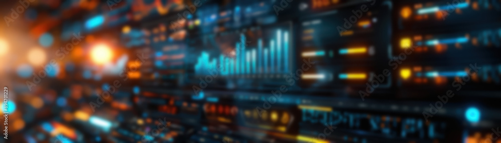 Poster futuristic digital interface dashboard with data visualization, charts, graphs, and glowing elements
