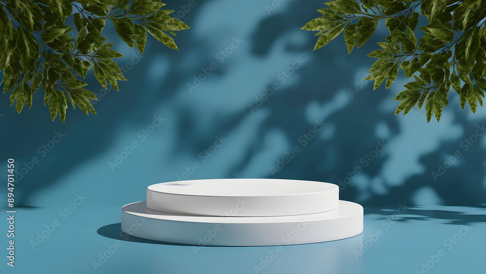 Poster white round podium for product presentation on a blue background with shadows of tree branches.