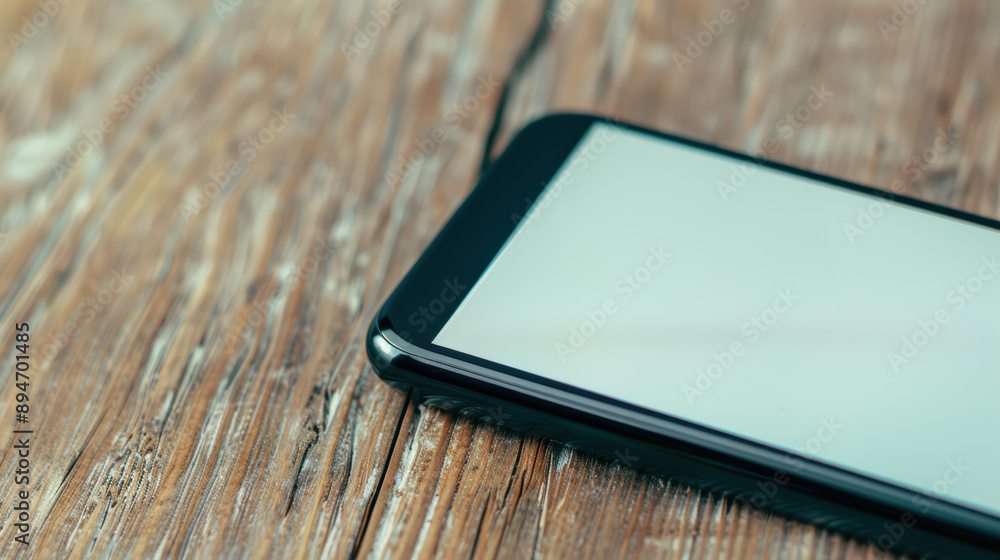 Poster modern smartphone with blank screen lying on rustic wooden table. high-resolution image perfect for 