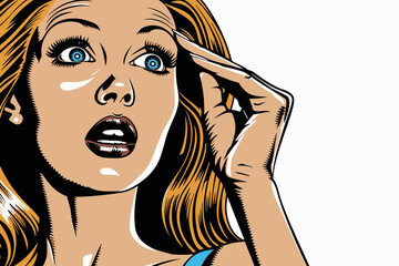 Pop Art Woman in Shock: A dramatic illustration in the style of pop art, featuring a woman with wide eyes and a hand on her forehead, evoking a sense of surprise and disbelief. The bright colors and b