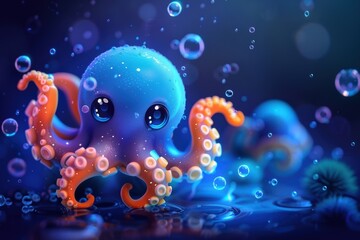A vibrant and cute digital illustration of an adorable octopus in an underwater scene, surrounded by bubbles and glowing with vivid colors.