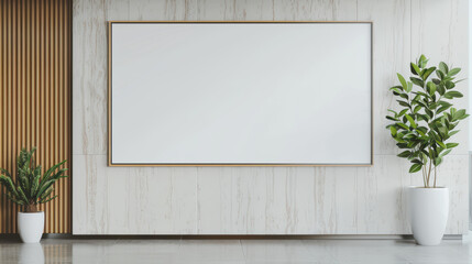 Modern empty office space with large blank whiteboard and indoor plants. Ideal for presentations, brainstorming sessions, and corporate meetings.