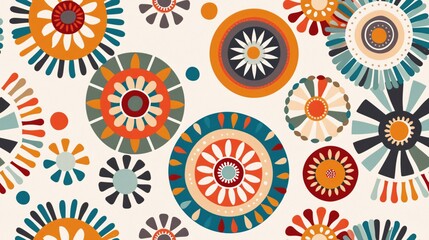 Seamless pattern Bohemian Rhapsody: A vibrant textile design featuring an eclectic mix of colorful, hand-drawn mandala-inspired motifs on a clean white background. 