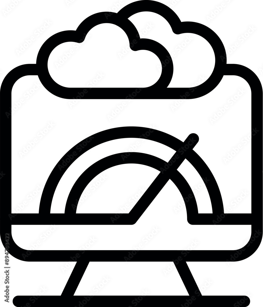 Poster line art icon of a computer showing a speed measurement device, with clouds above it, symbolizing cl