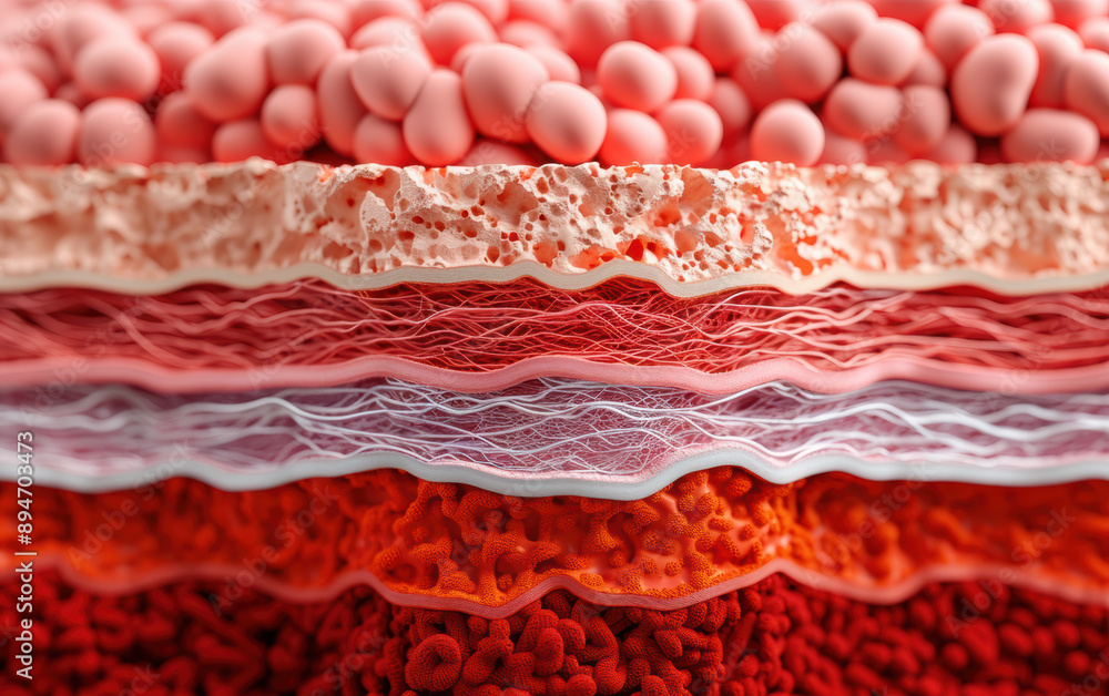 Poster detailed cross-sectional view of multiple human skin layers, demonstrating the intricate structure a