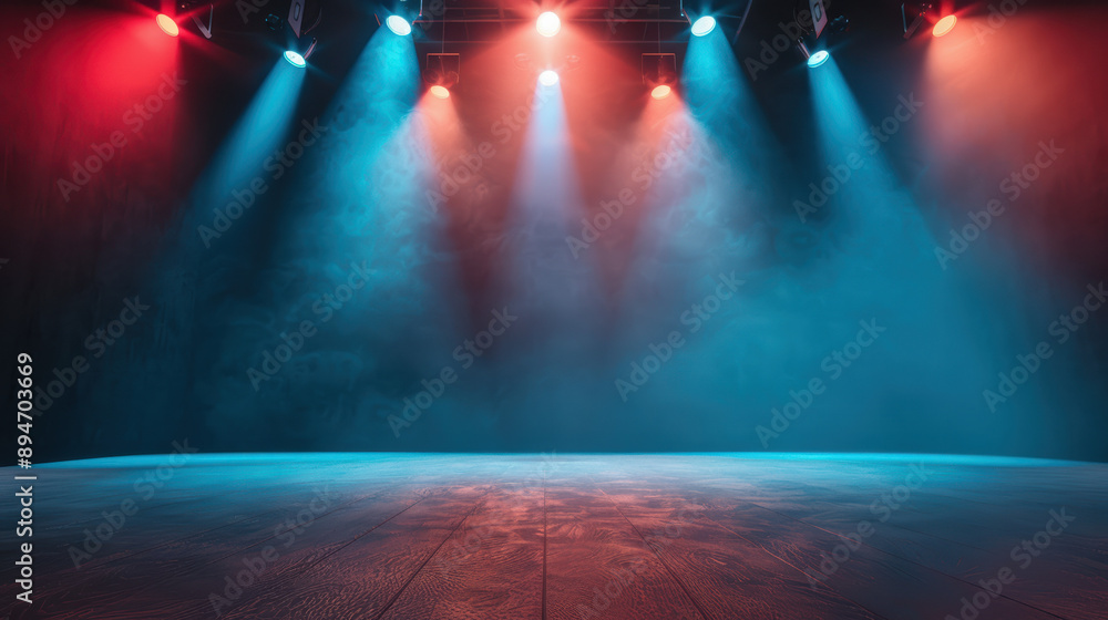 Aufkleber empty stage with colorful spotlights creating a dramatic atmosphere. perfect for theatrical and perf