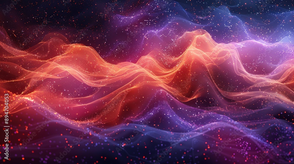 Poster vibrant abstract digital waveforms with flowing orange and purple energy lines, creating a dynamic a