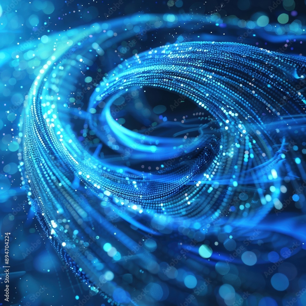 Poster abstract digital background with flowing blue strands and light particles, creating a mesmerizing, f