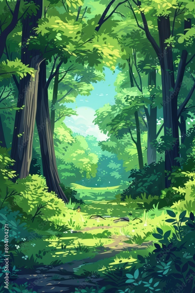 Poster sunlight filters through dense foliage in a tranquil forest, illuminating a serene pathway surrounde