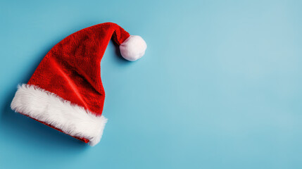 Festive red Santa hat with white trim and pompom on a bright blue background, symbolizing Christmas and holiday cheer.