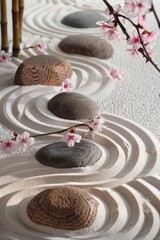 Zen Garden Scene. A frame of bamboo, stones,  with cherry blossoms and peaceful designs.