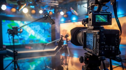 A close-up shot of a professional camera on a tripod in a studio setting. The camera is pointed towards a large screen displaying a weather map.