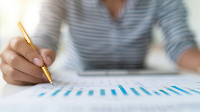 Person analyzing financial data on paper with pen in hand. Business and finance concept in workplace, focusing on productivity and planning.