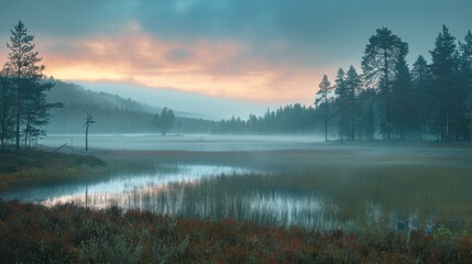 Fototapeta premium Misty Morning Sunrise in a Forest