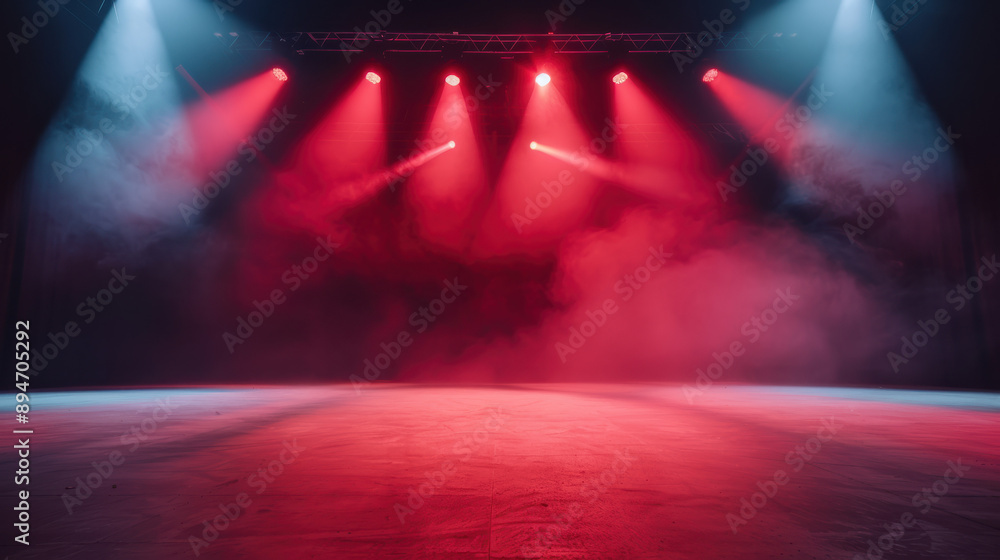 Poster an empty stage bathed in dramatic red and blue lighting with smoke effects, creating a moody and atm