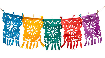Miniature Papel Picado Banner, Colorful and Intricate Mexican Decorative Banner for Cultural Celebration, Iconic and Festive Day of the Dead Ornament, png file, isolated on white
