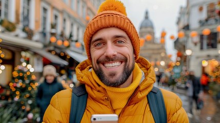 Obraz premium A Happy Male Tourist, Taking A Photo With His Cell Phone On The Street At Night