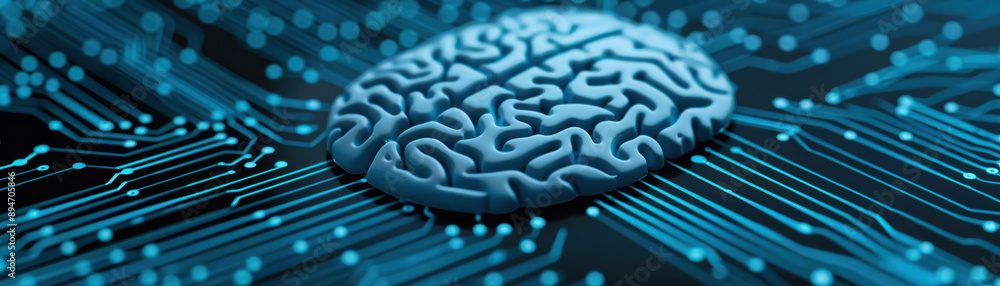 Poster digital representation of a human brain integrated with electronic circuits symbolizing ai technolog