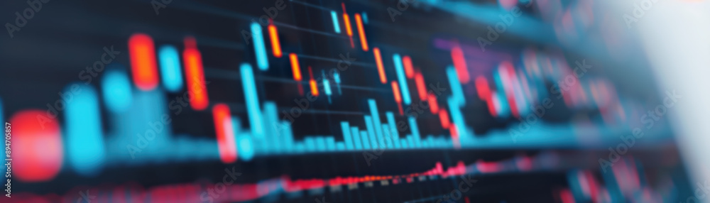 Poster abstract digital financial chart displays data and statistics with focus on blue and red bar graphs,