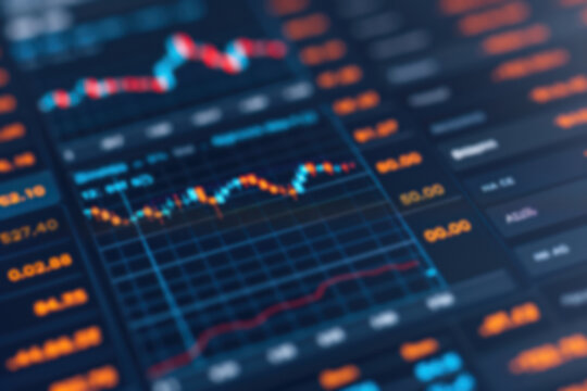Abstract digital stock market interface showing fluctuating graphs, data, and financial chart lines in vibrant colors representing trading activity.