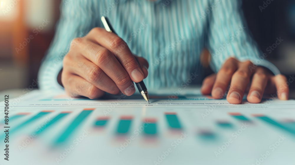 Poster close-up of hands analyzing financial charts and graphs, business strategy, planning concept with pe