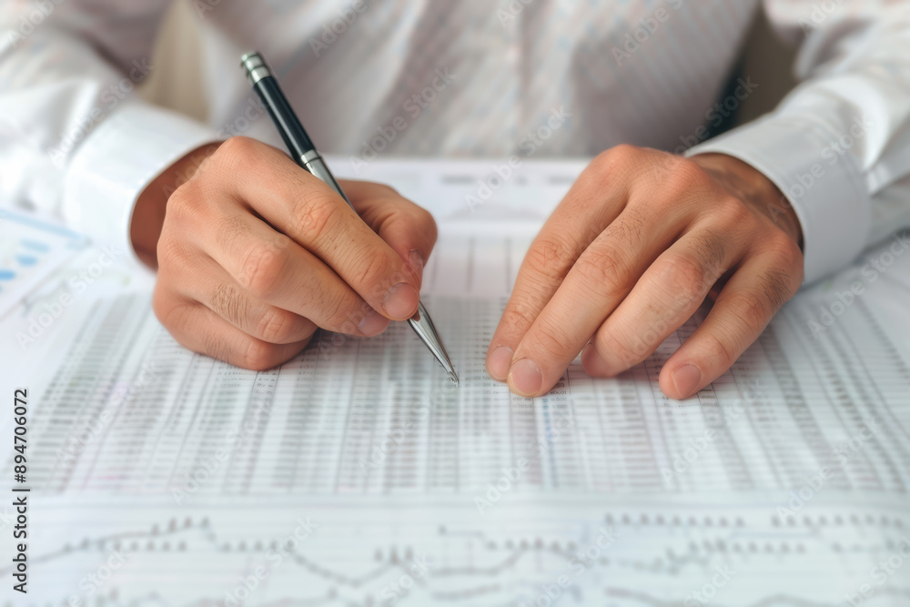Poster close-up of business person analyzing financial data sheets with pen. professional hands examining c