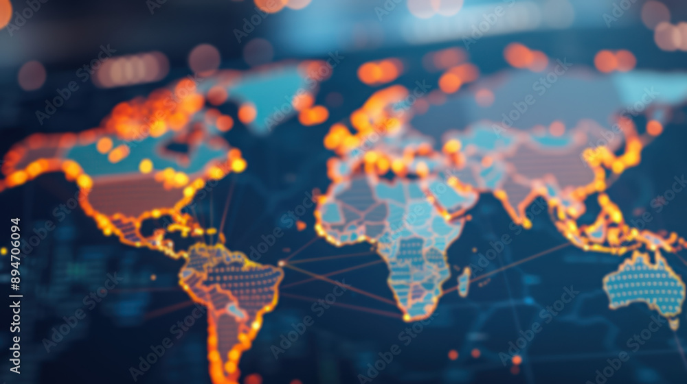 Poster illuminated world map with glowing geographic borders and connected network lines, highlighting glob