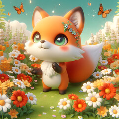 Chibi Fox in a Flower Field