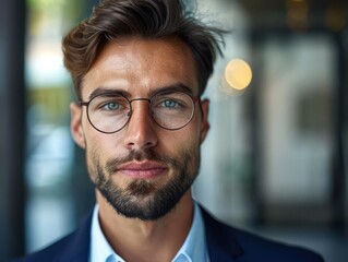 Obraz premium Professional portrait of a confident man with glasses, showcasing charisma and style in a modern environment.