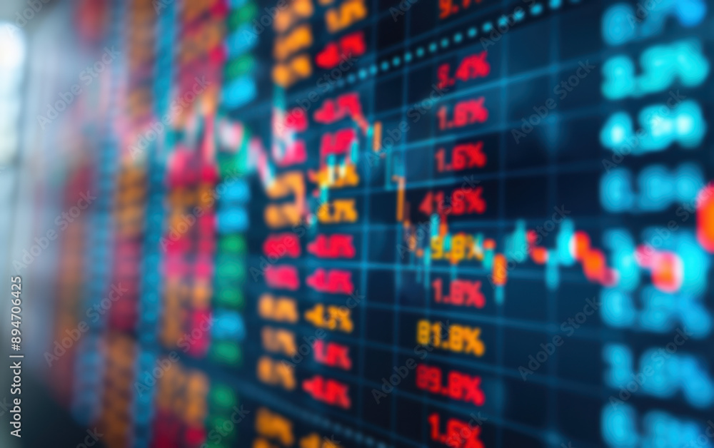 Aufkleber blurred view of a stock market dashboard displaying fluctuating numbers and charts showcasing market