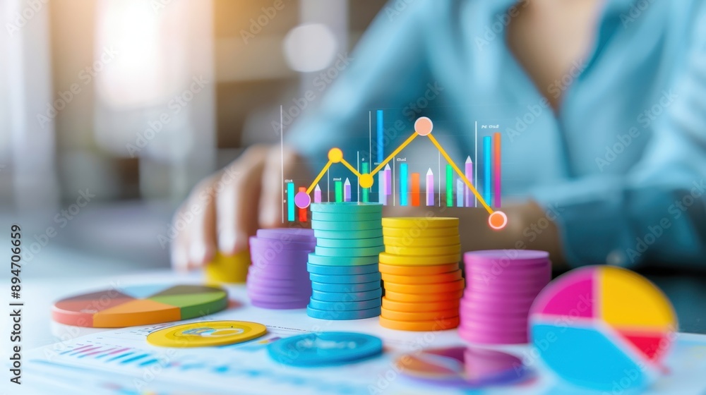 Poster colorful charts and stacks of coins on a table symbolize financial growth and data analysis in a bus