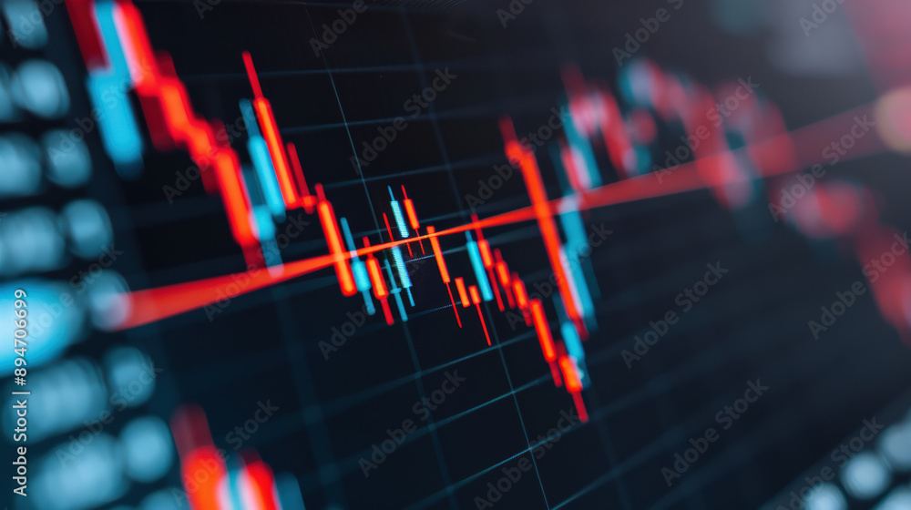 Poster close-up view of a digital stock market graph showing financial data trends and trading analytics wi