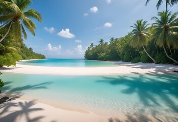 Beautiful beach with palm trees by the calm sea or ocean on a warm, sunny, clear day