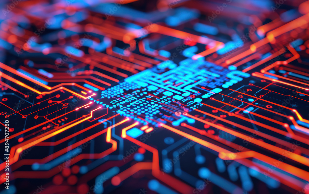 Aufkleber close-up of a futuristic circuit board with glowing pathways and intricate connections, symbolizing 