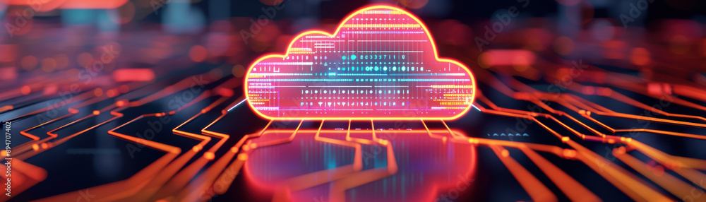 Poster futuristic cloud computing concept with glowing neon cloud and intricate circuit board connections, 