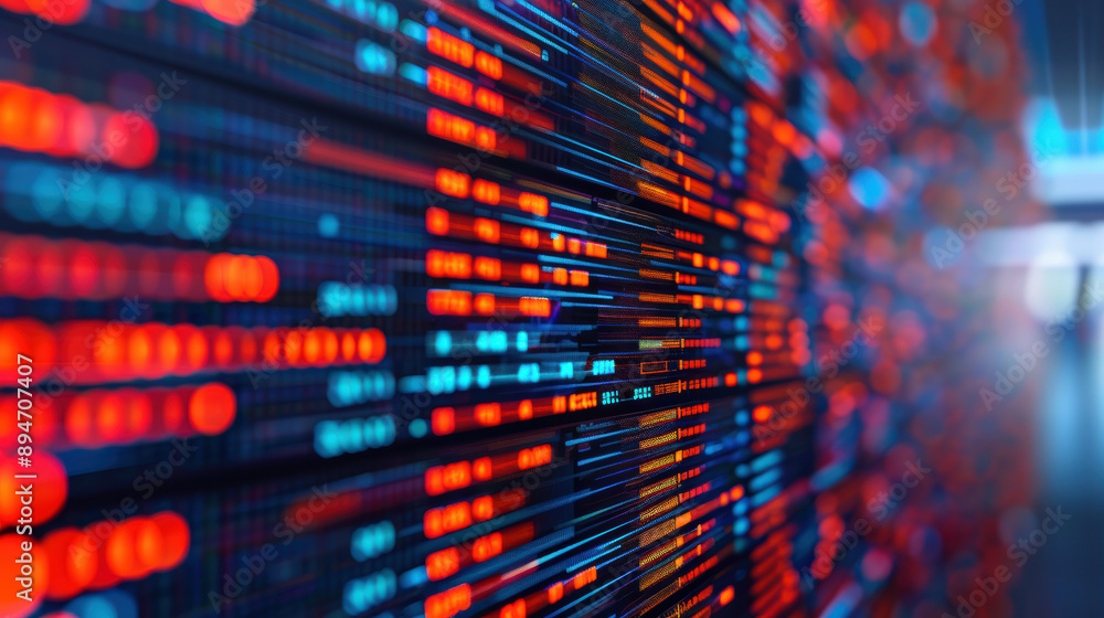 Poster close-up of abstract digital code lines and bright futuristic data stream in a colorful, blurred bac