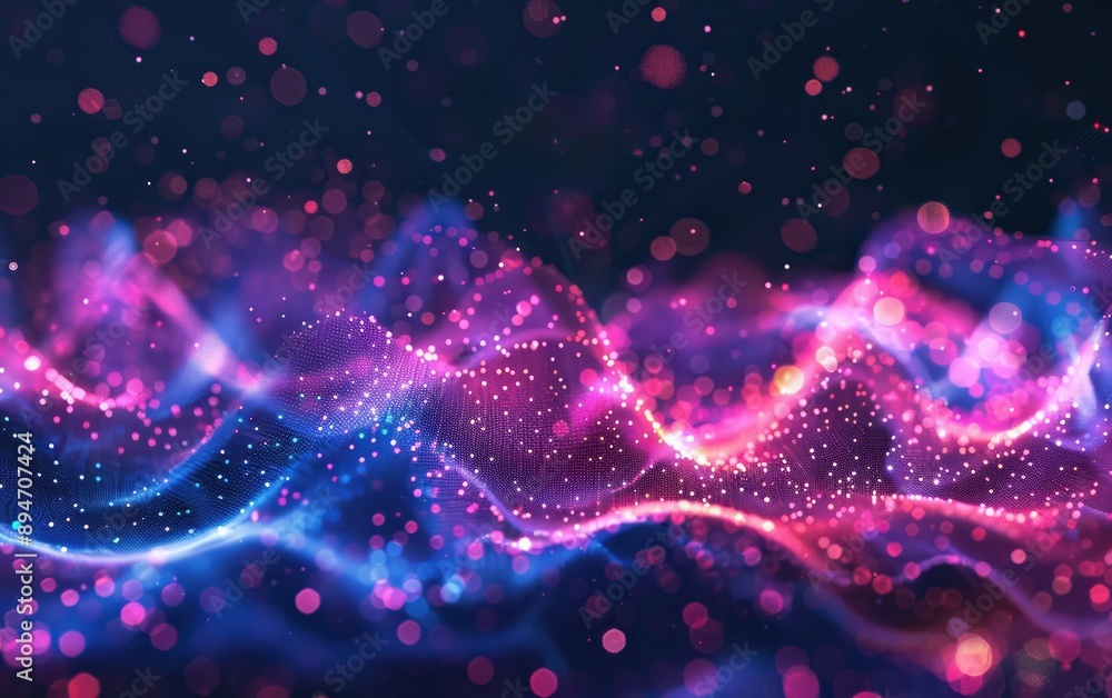Poster abstract digital wave of vibrant light particles in motion, creating a mesmerizing, futuristic backg