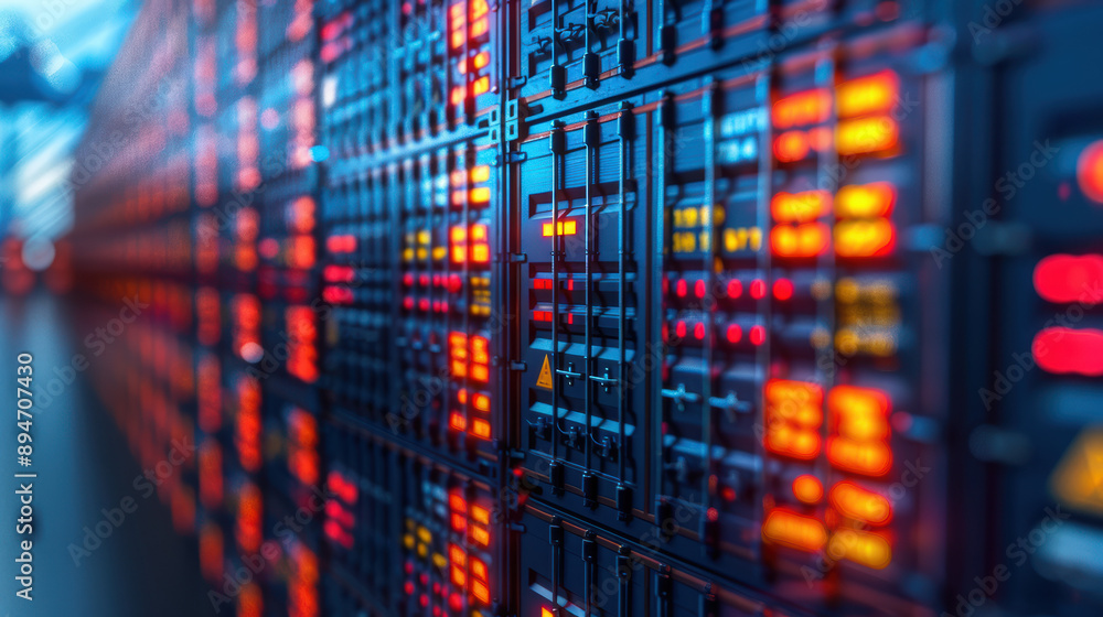 Poster close-up of a server rack with blinking lights in a data center, showcasing modern technology and hi