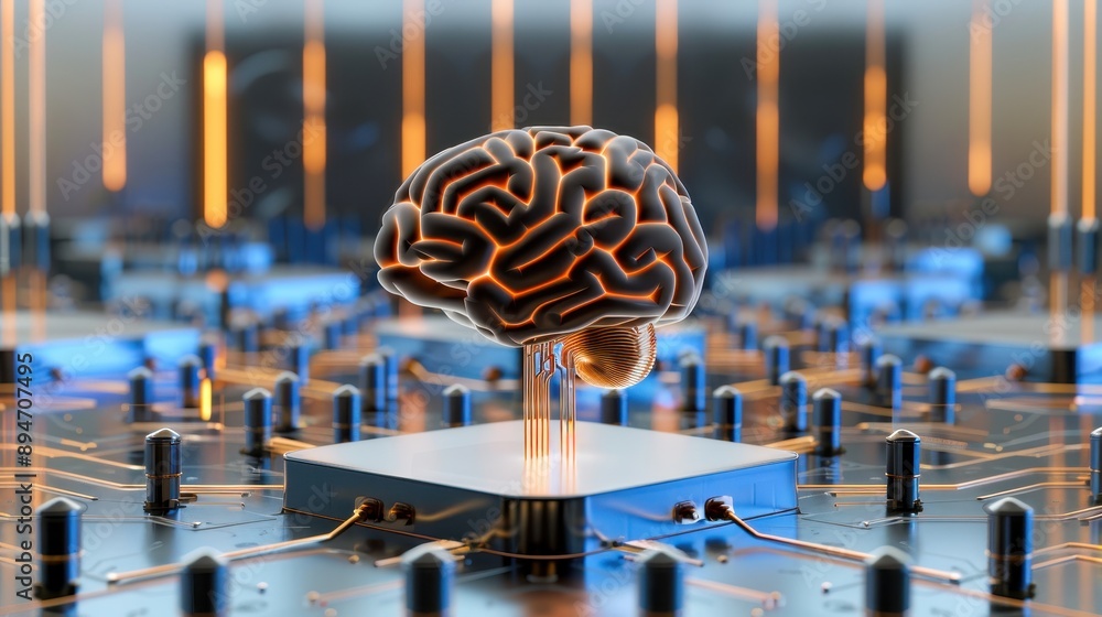 Poster digital brain on a circuit board representing artificial intelligence and technology innovation in a