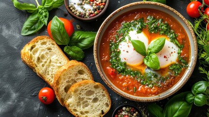 Delicious poached eggs in tomato sauce with herbs, fresh basil leaves, and sliced bread on a dark rustic background.
