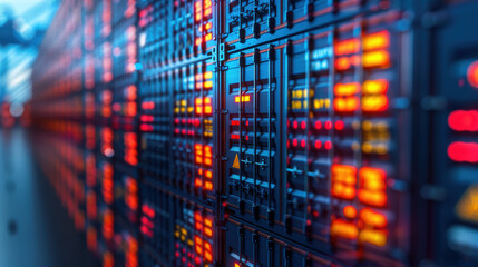 Close-up of a server rack with blinking lights in a data center, showcasing modern technology and high-speed internet infrastructure.