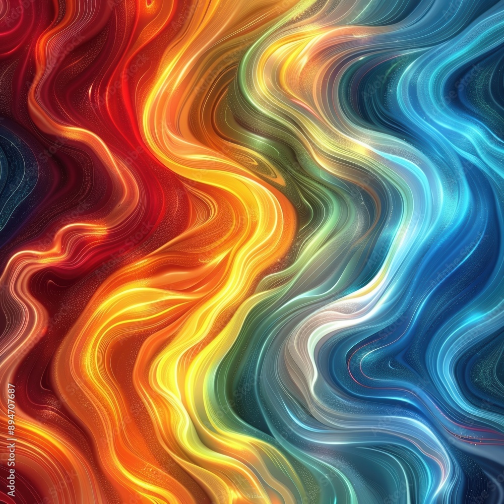 Poster vibrant abstract wavy pattern with a gradient of bold colors from red to blue, creating a dynamic an