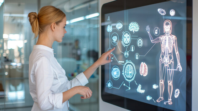 Female doctor interacting with futuristic touch screen, analyzing medical data and human anatomy in a modern healthcare facility.
