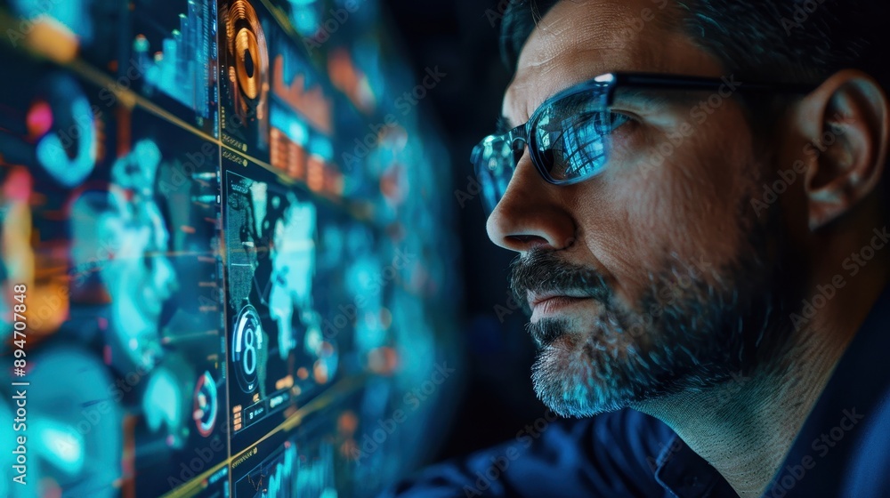 Poster focused professional analyzing data on multiple screens with futuristic technology interface in a da