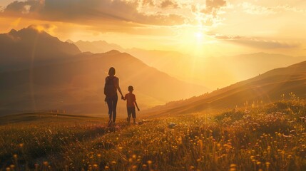 Fototapeta premium Mother and Son Hike Towards the Golden Sunset