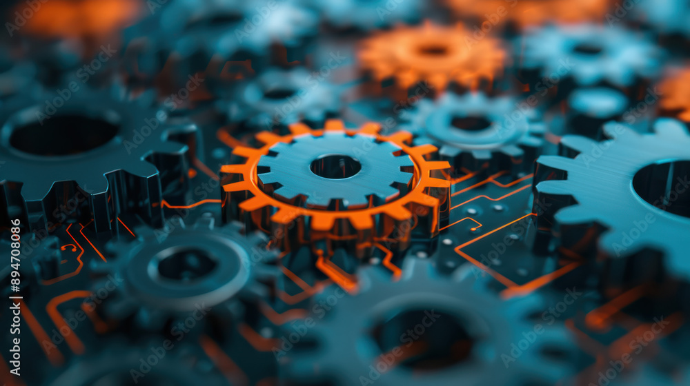 Poster close-up of interconnected gears and circuits, symbolizing innovation, technology, and mechanical pr