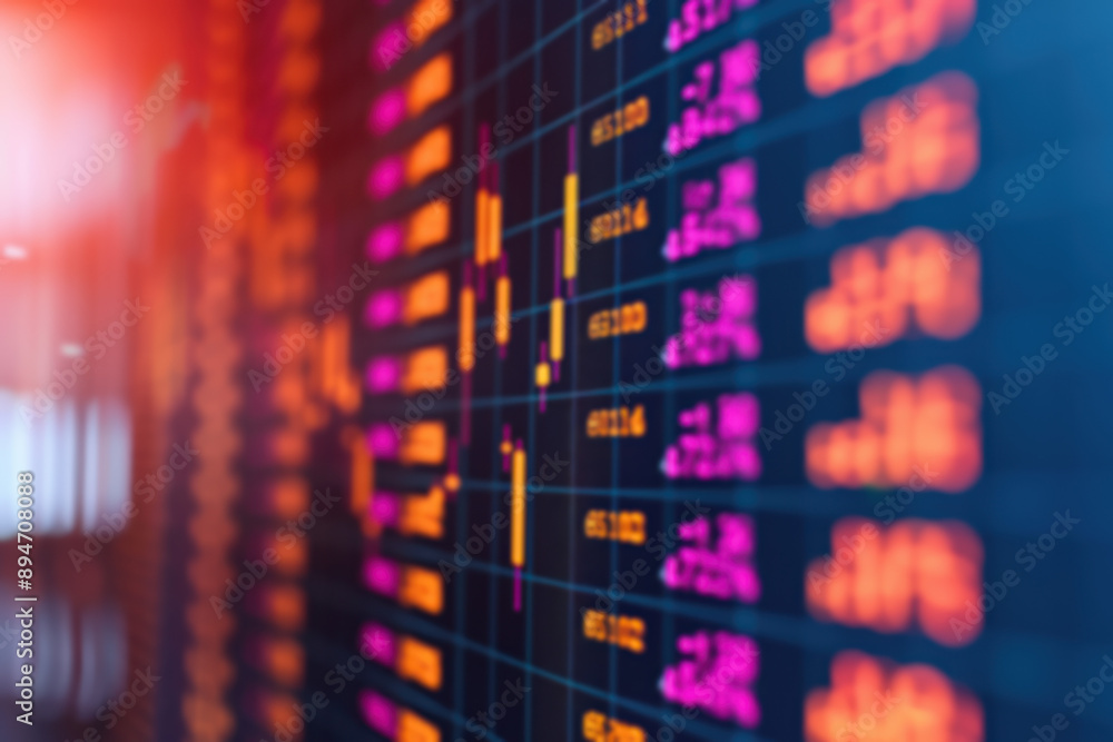 Poster abstract digital display of stock market data with vibrant colors and dynamic graphs, representing f