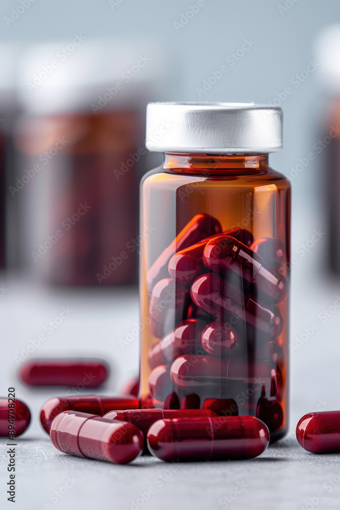 Wall mural close-up of a glass bottle filled with red capsules on a table, with other capsules and bottles blur