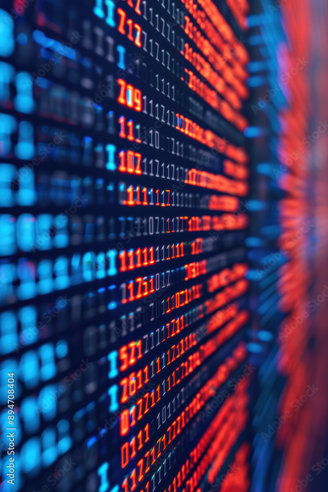 Poster colorful digital code on a computer screen, illustrating technology, data, and programming in a vibr